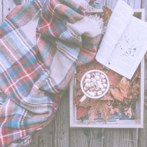 チェックの膝掛けとホットチョコレート2