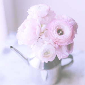 じょうろに挿したピンクの花束2