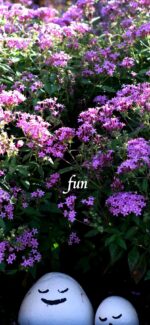 ピンクの花と笑顔の石